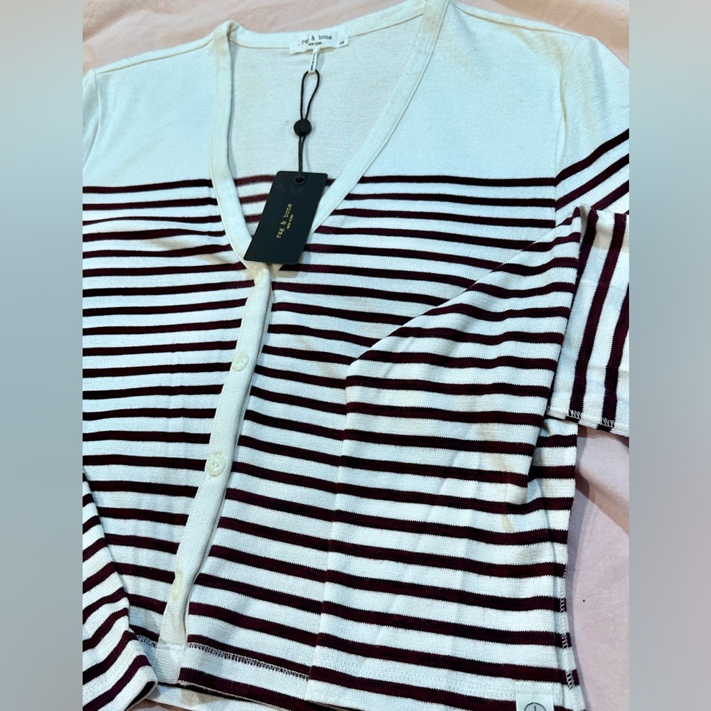 NWT rag & bone beige multi knit breton stripe slim cardigan L - Picture 9 of 16
